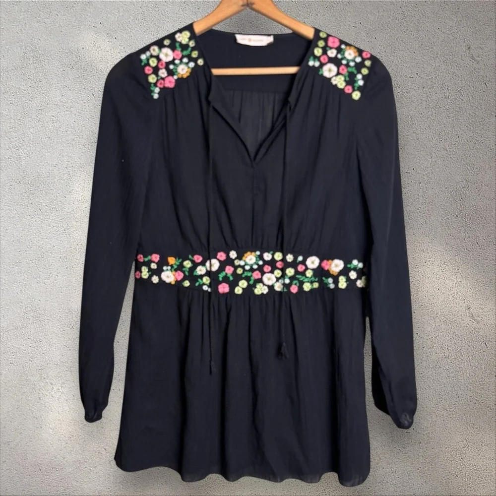 TORY BURCH Fleur‎ Tunic Blouse Black Floral Embroidery Crepe Sz 6
